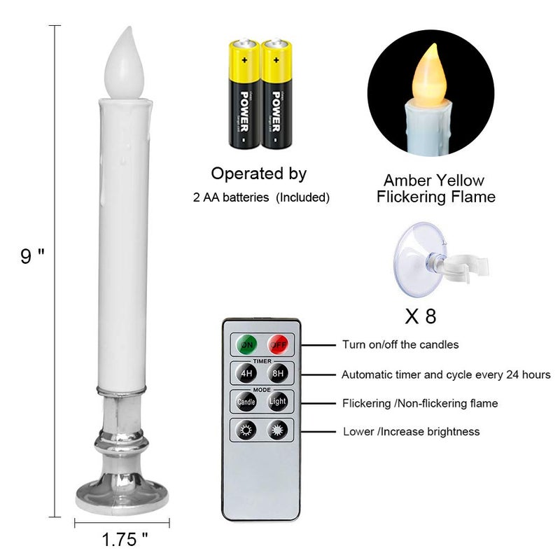 DRomance 9" Flameless Window Taper Candles Battery Operated with 8-Key Remote and Timer, 8 Pack White Christmas Holdiay Window Candles with Silver Holders, Suction Cups and AA Batteries Included - Image 5